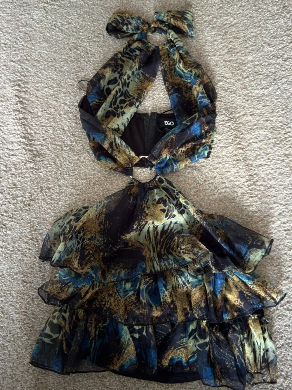 EGO Halterneck Ring Detail Cut Out Front Frill Hem Mini Dress In Blue Animal Pri